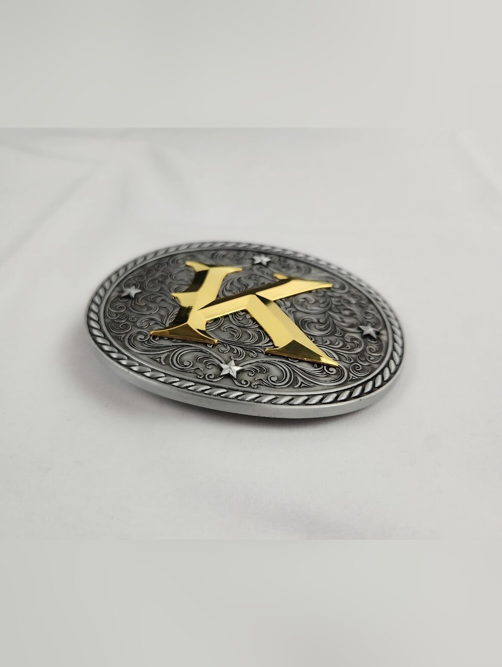 Western Belt Buckle Initial Letter K Two Tone Pewter And Gold Oval